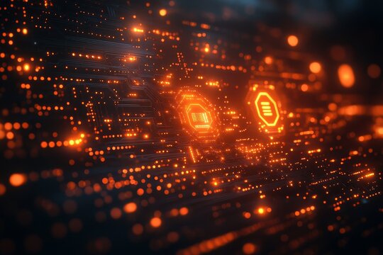 Orange digital circuit board, data flow, server room background