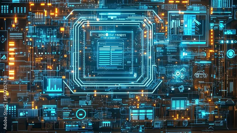 Poster futuristic digital interface showcasing glowing technology and data visualization in immersive moder