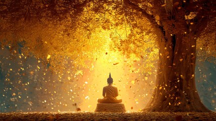 The birth, enlightenment and nirvana of the Buddha A serene Buddha statue meditating under a vibrant golden tree, surrounded by glowing leaves, symbolizing peace and enlightenment.