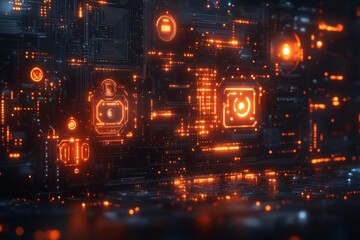 Futuristic Circuit Board Glowing, Data Processing