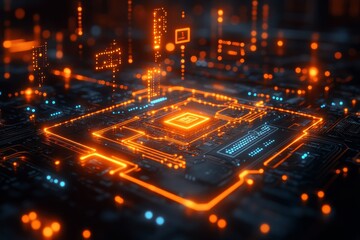 Glowing CPU on circuit board; digital data streams