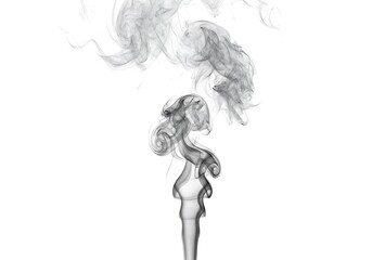 A plume of gray smoke rising and swirling on a white background creating abstract shapes and patterns