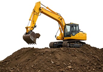 A yellow excavator positioned atop a mound of dirt against a plain white studio background scene shot