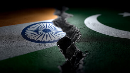 Divided India-Pakistan Flags Representing Tension and Political Conflict