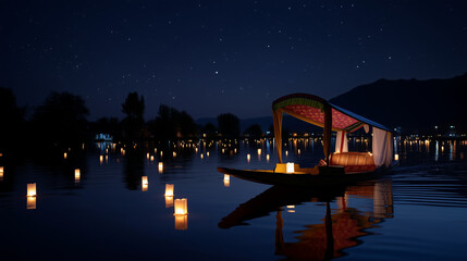 Shikara Boat Gliding on Dal Lake at Night with Floating Lanterns and Starry Sky. Mountains in the Background.