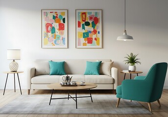 Living room interior with sofa, colorful artwork, teal chair, and coffee table arrangement decor