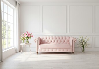 A light pink tufted sofa in a bright white room with flowers and a large window with white curtains