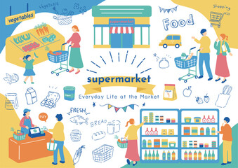 スーパーマーケットで買い物をする人達