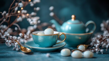 Fototapeta premium Elegant Tea Set with Gold Accents and Mochi on Decorative Table