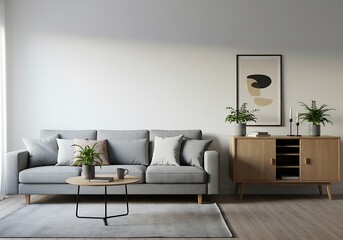 A living room with a gray sofa, a coffee table, a cabinet, and a framed abstract painting on the wall