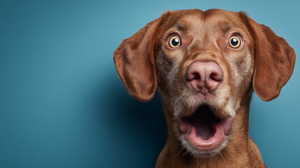 Surprised Dog With Wide Eyes Against Blue Background
