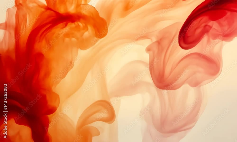 Poster abstract fluid art: swirling red and orange ink clouds on a pale background creating a dreamy and dy
