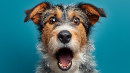 Surprised Dog With Wide Eyes Against Blue Background

