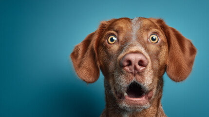 Surprised Dog With Wide Eyes Against Blue Background
