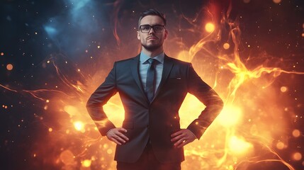 Obraz premium Confident businessman amidst dynamic, fiery backdrop.