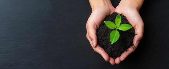 Hands holding black soil with a young plant on it, top view on a dark background, a banner for World Environment Day concept, with copy space, 