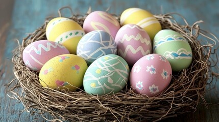 Fototapeta premium Pastel Easter Eggs in a Bird Nest