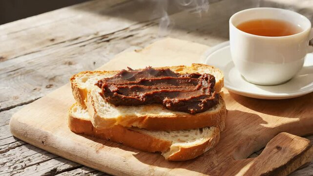 Vegemite, Australian iconic spread on a piece of toast with butter, close-up shot, rustic kitchen with natural daylight
