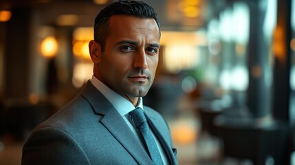 Obraz premium Professional confident businessman in formal suit looking serious with intense expression in modern office environment du daytime