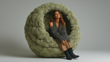 model on a green fur chair