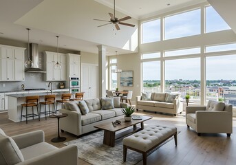 Fototapeta premium Bright open concept living space with kitchen and large windows offering a cityscape view outside