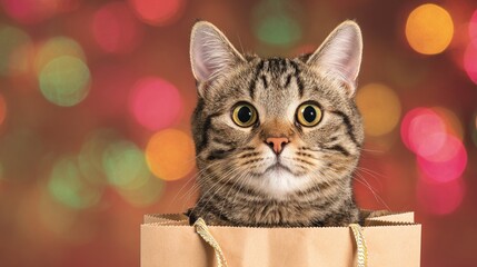 A curious cat holding a small gift bag with ribbon handles