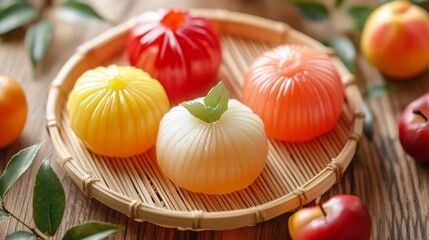 Seasonal Wagashi Delights in Natural Colors on Wooden Plate
