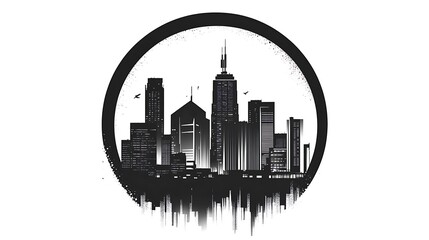 Obraz premium Black and white circular illustration of a modern city skyline with reflection effect 