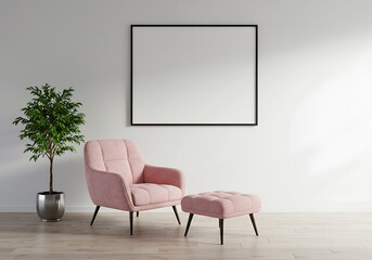 Interior scene featuring a pink armchair, footstool, potted plant, and a blank framed poster