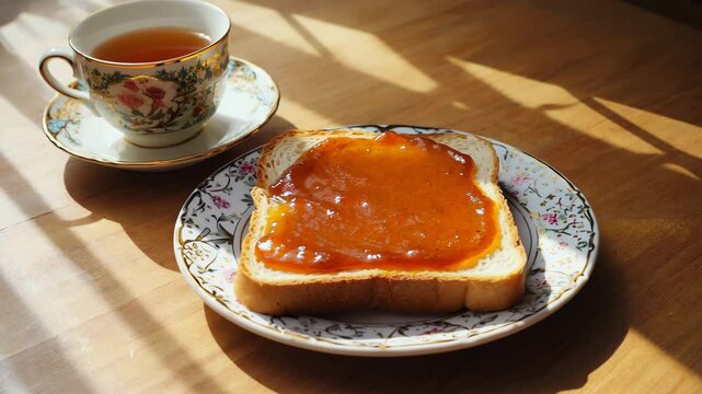 Vegemite, spread on toasted bread with a cup of tea, close-up, Australian breakfast setting
