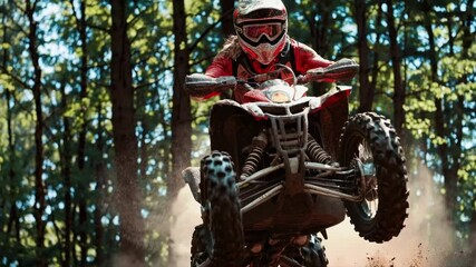 Dynamic low-angle shot of an ATV rider in action, kicking up dust in a forest setting, conveying adventure and excitement, perfect for a thrilling video.