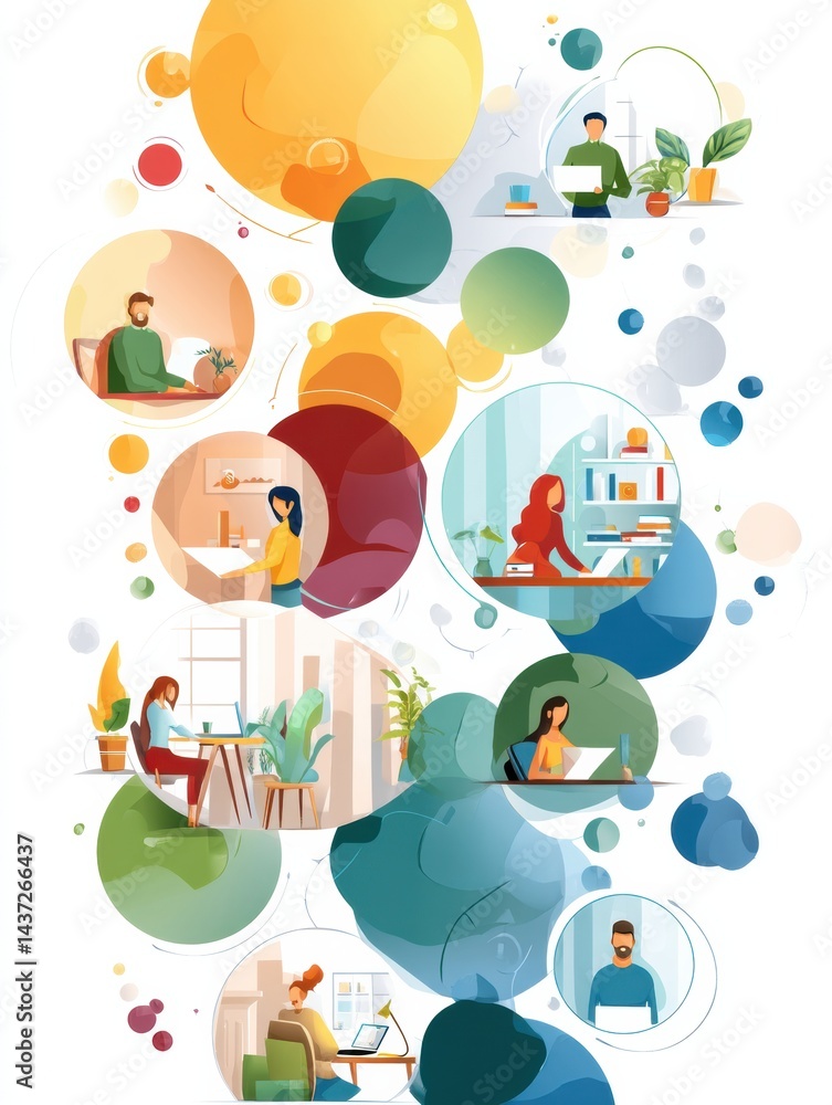 Poster Remote Team Members Engaged in Various Activities Displayed in a Vibrant Circular Layout Featuring Home Workspaces and Collaboration