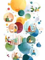 Fototapeta premium Remote Team Members Engaged in Various Activities Displayed in a Vibrant Circular Layout Featuring Home Workspaces and Collaboration