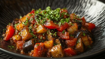 **Vibrant French Ratatouille With Eggplant, Zucchini, Bell Peppers, And Tomatoes, Garnished With Fresh Herbs, Styled For Gourmet Restaurant Ad --Ar 16:9 --S 250** - @Darya (Relaxed)