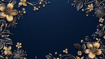 Elegant navy blue floral frame with gold flowers and leaves perfect for wedding invitations cards and decorative designs