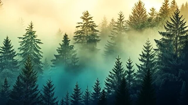 A misty forest landscape with tall evergreen trees and soft, diffused light.