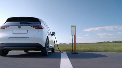 modern white electric vehicle (EV) charging at a charging station outdoors in a countryside setting, symbolizing clean energy and sustainable transportation