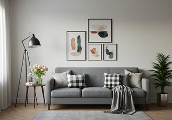 Living room with gray sofa, abstract art, floor lamp, flowers and a potted plant against a white wall