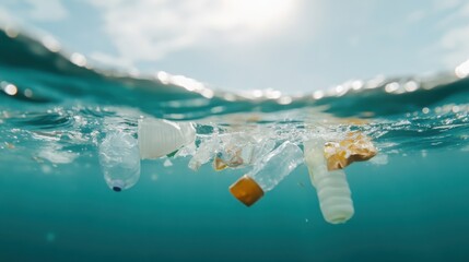 A large mass of plastic and garbage floating in the ocean, highlighting the serious issue of marine pollution and environmental degradation