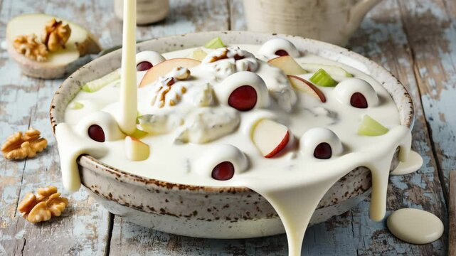 Waldorf salad of fresh apples, walnuts and celery, dressed with a creamy dressing, served in a deep bowl, bright and healthy, soft daylight
