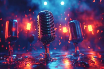 Retro microphones, concert stage, neon lights, music notes
