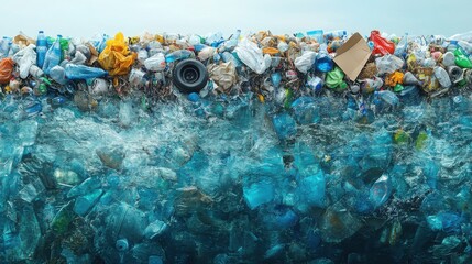 A large mass of plastic and garbage floating in the ocean, highlighting the serious issue of marine pollution and environmental degradation