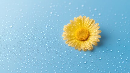 One yellow daisy on a blue background with water drops, a minimalistic wallpaper