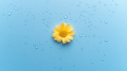 One yellow daisy on a blue background with water drops, a minimalistic wallpaper