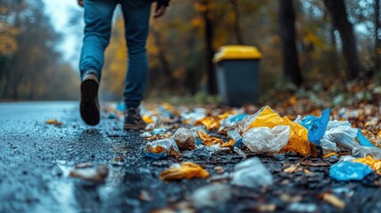 A person collecting fallen autumn leaves into a garbage bag along a roadside, promoting environmental responsibility and seasonal cleanup.
