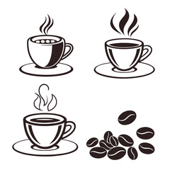 Set of Coffee Cup and Beans Icon Silhouette