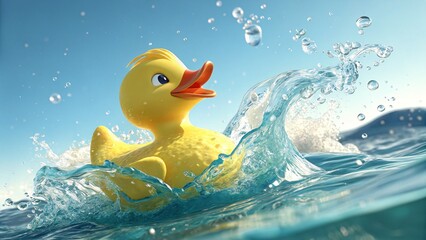A cheerful yellow rubber ducky playfully riding a wave splashing in bright blue water under a sunny sky with vibrant water droplets and a cheerful mood
