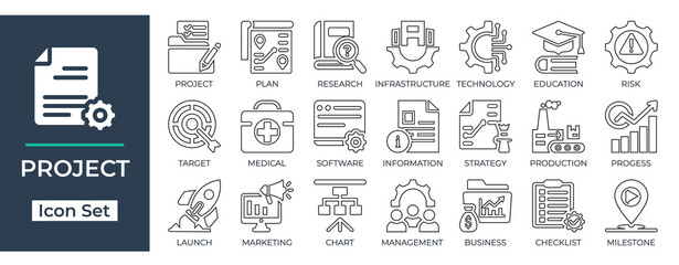 Modern flat project line icon set with business, planning, research, software, marketing, checklist, milestone, and technology symbols. Perfect for corporate designs.
