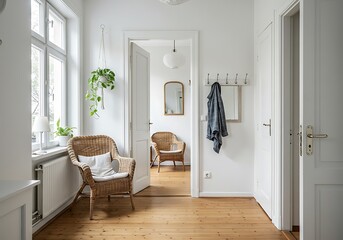 Bright hallway with wicker chairs, plants, and open doorways in a minimalist home interior design