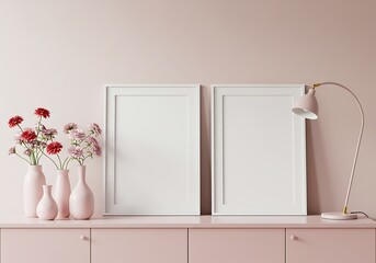 Two blank white frames on a pink cabinet with vases of flowers and a lamp in a minimalist setting